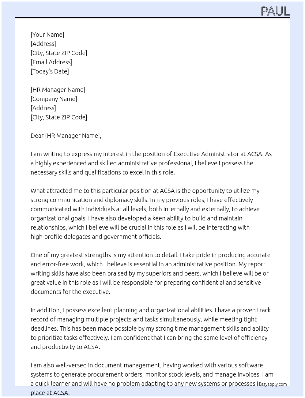 Executive Administrator At ACSA Cover Letter