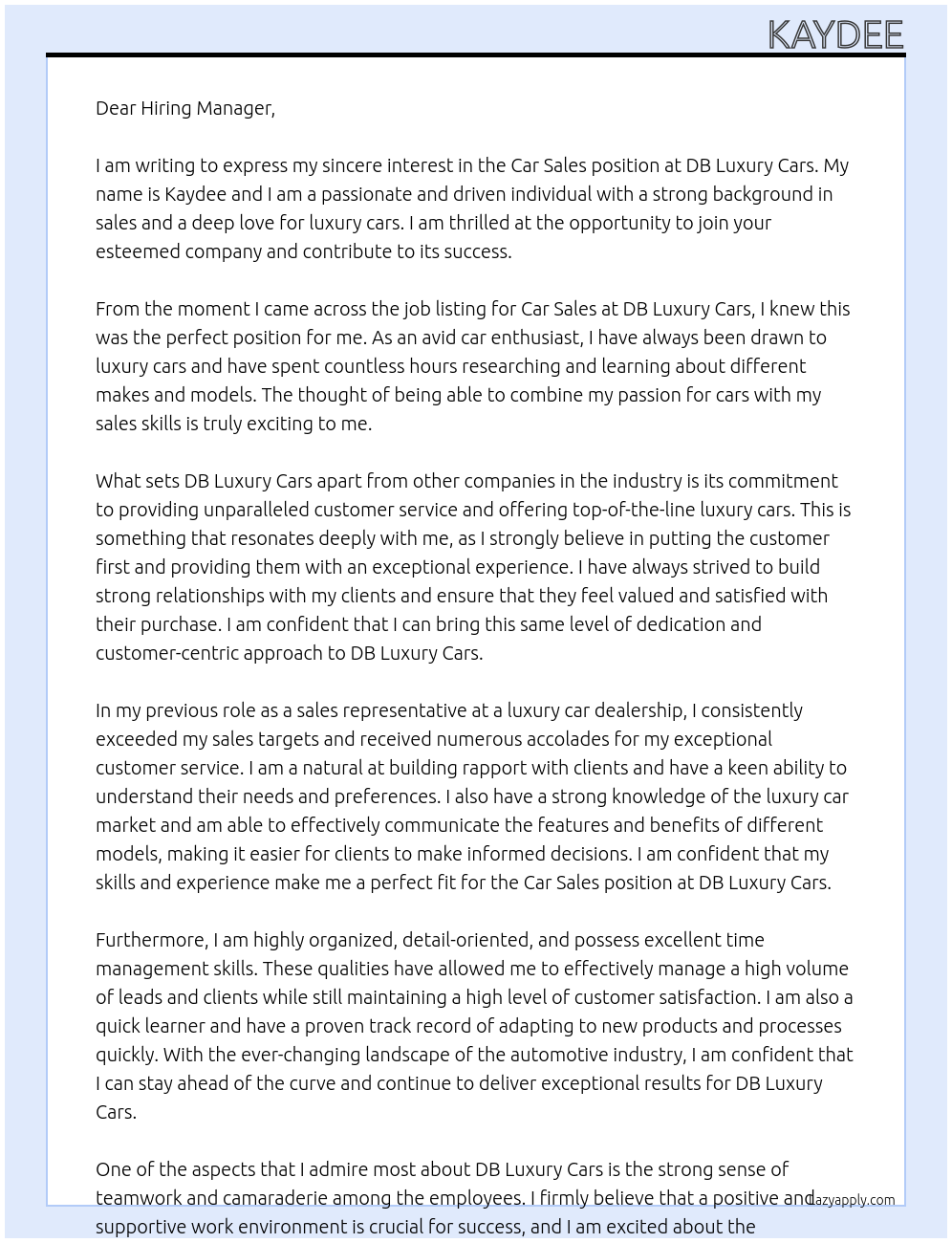 Car Sales At DB Luxury cars Cover Letter