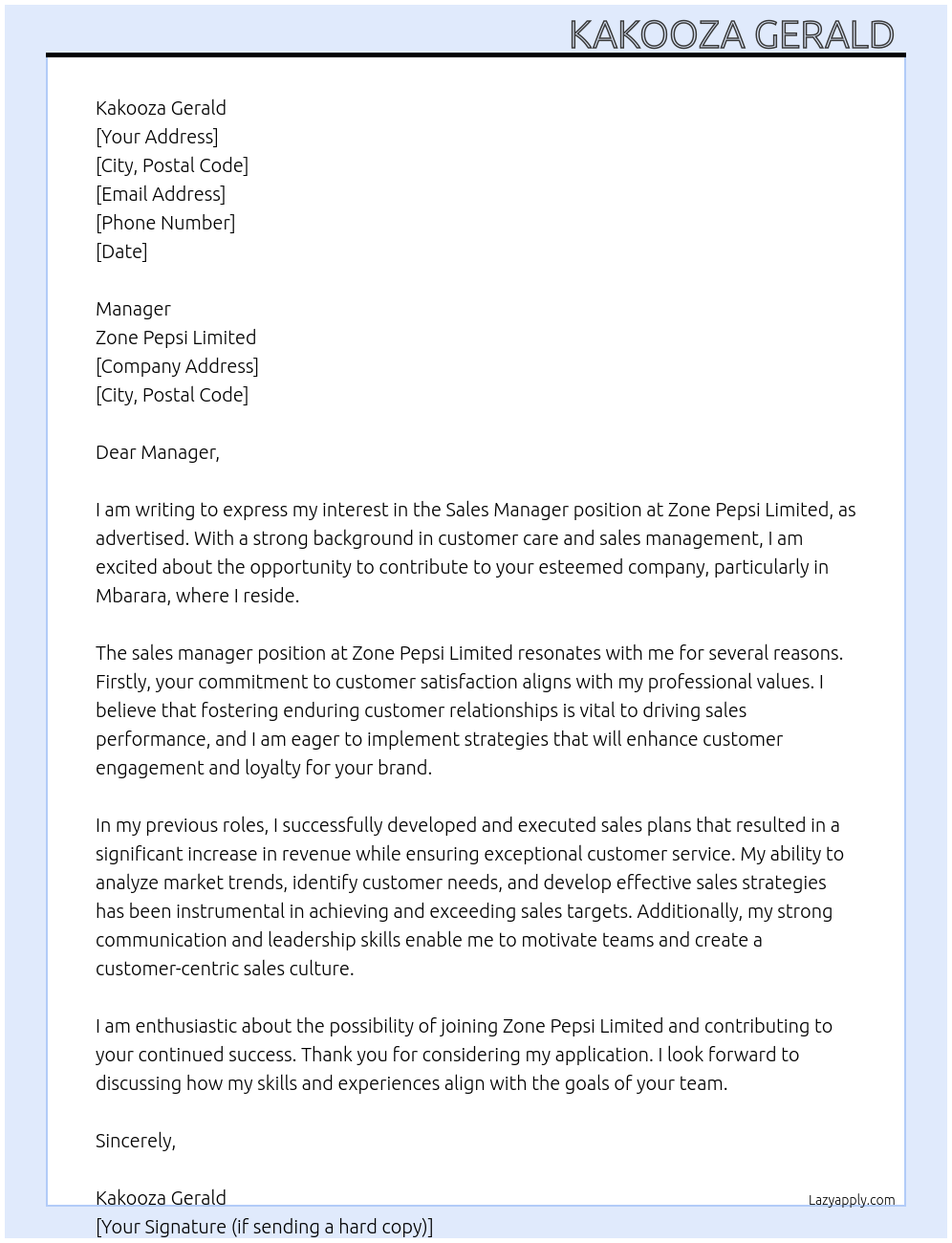 Sales manager At Zone Pepsi limited Cover Letter