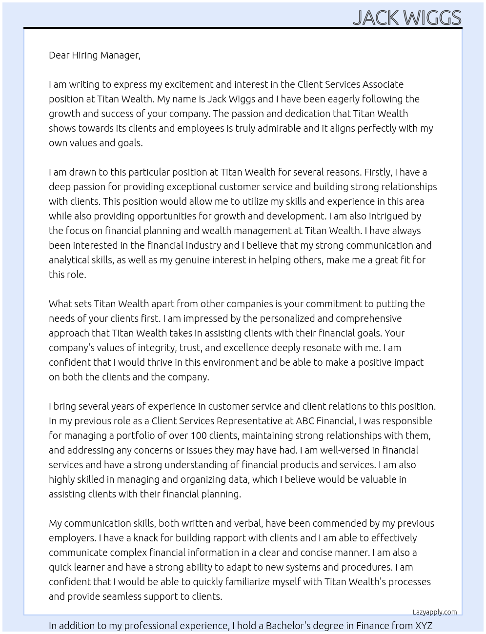 Client services associate At Titan Wealth Cover Letter
