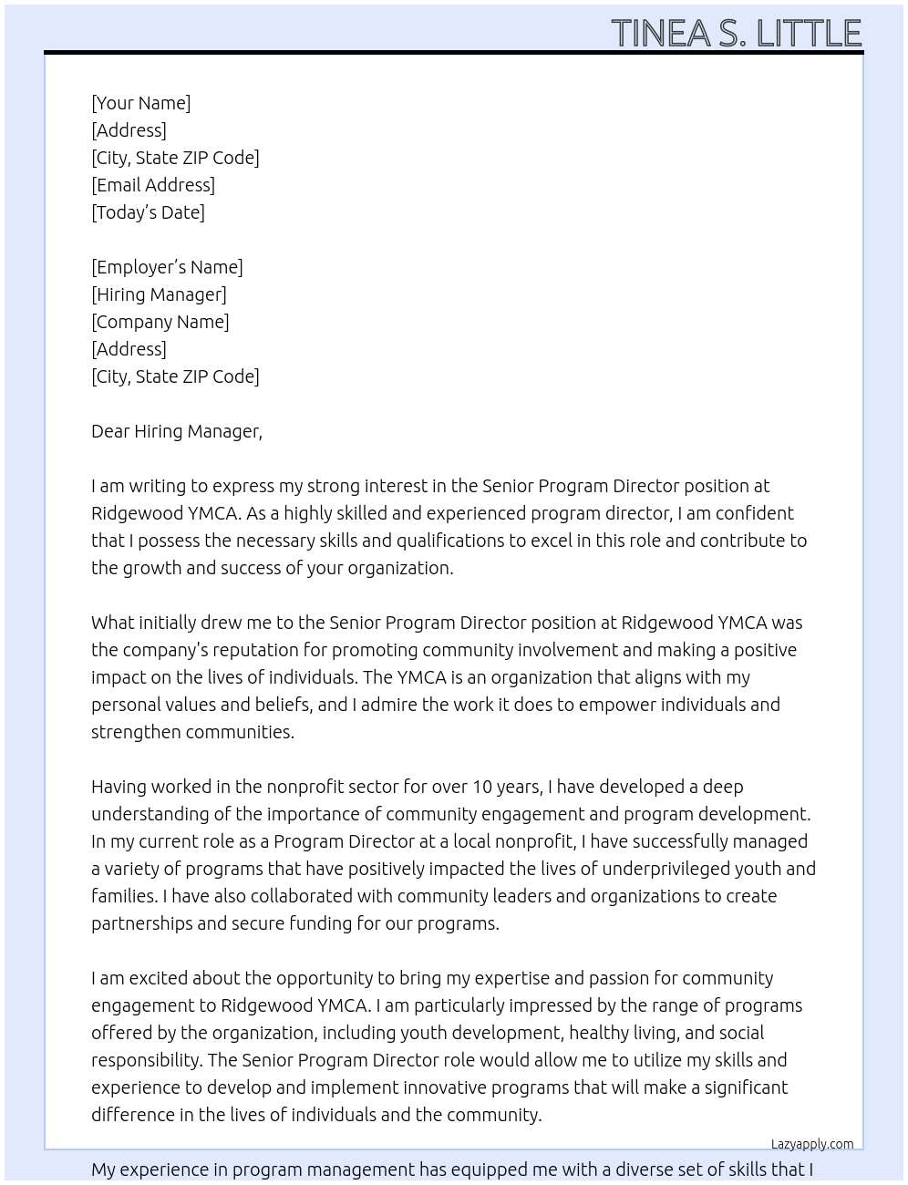 Senior Program Director At Ridgewood YMCA Cover Letter