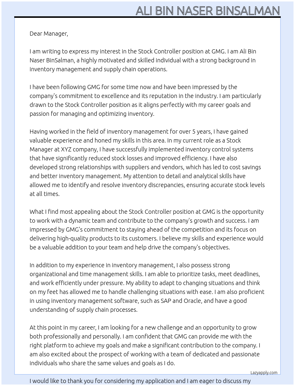 Stock Controller At GMG Cover Letter