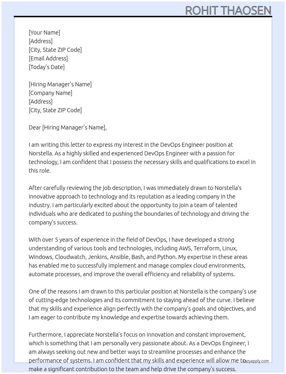 DevOps Engineer At Norstella Cover Letter