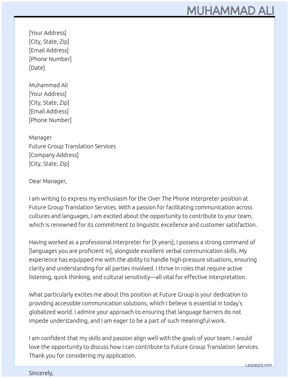 Cover letter for over the phone interpreter - LazyApply