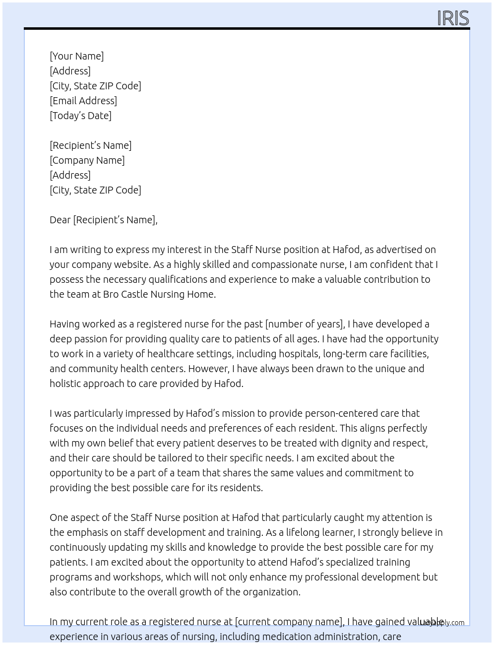 Staff nurse At Hafod Cover Letter