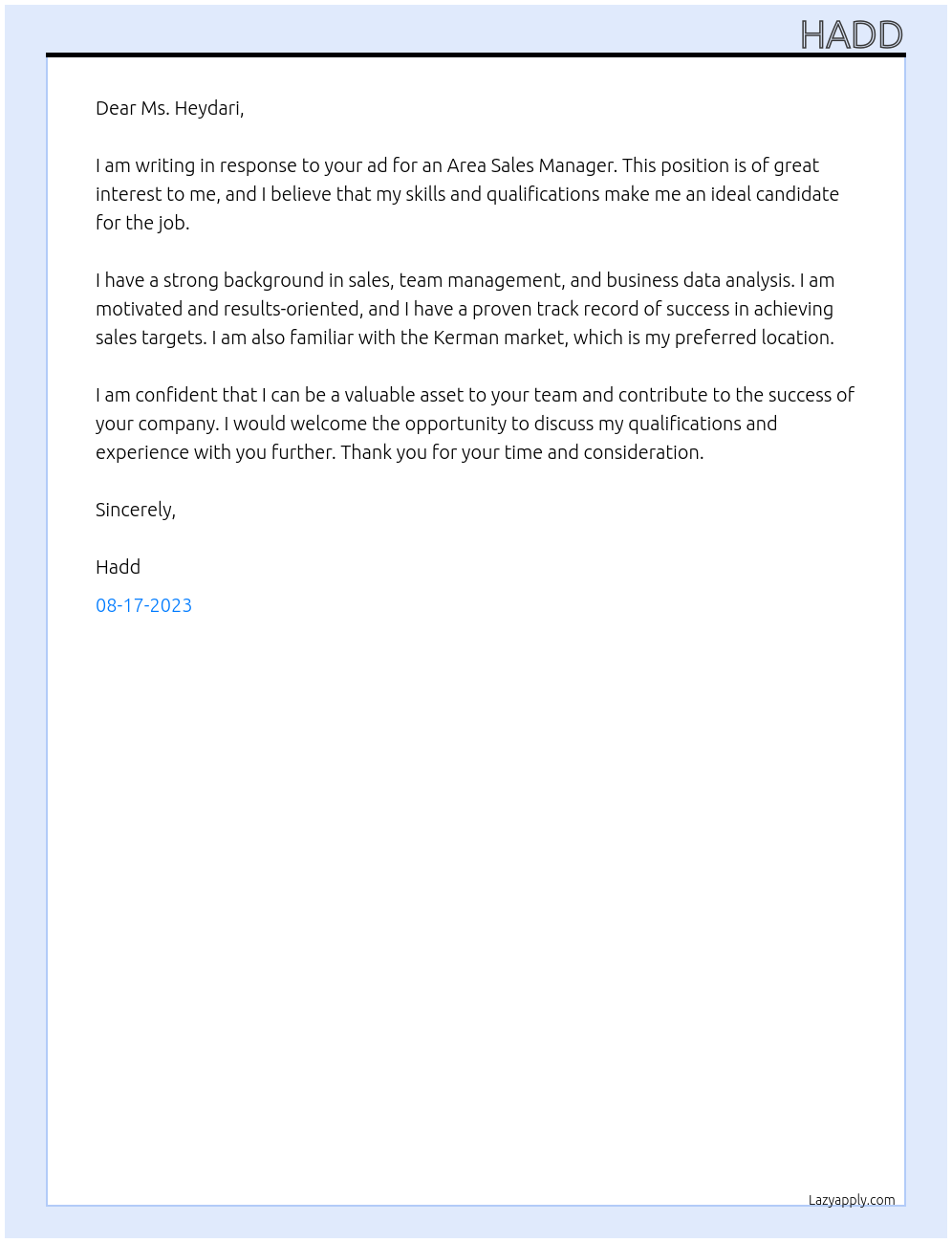 Area sales manager At Bel groupe Cover Letter