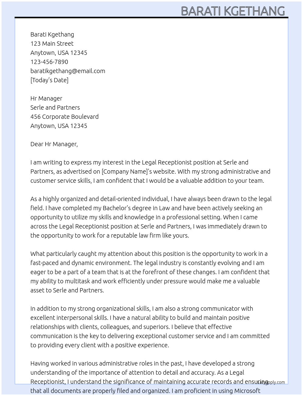 Legal Receptionist  At Serle and Partners Cover Letter