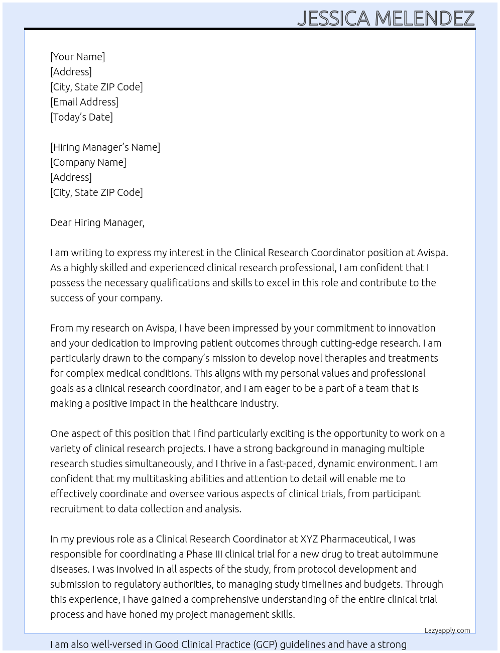 Clinical Research Coordinator At Avispa Cover Letter