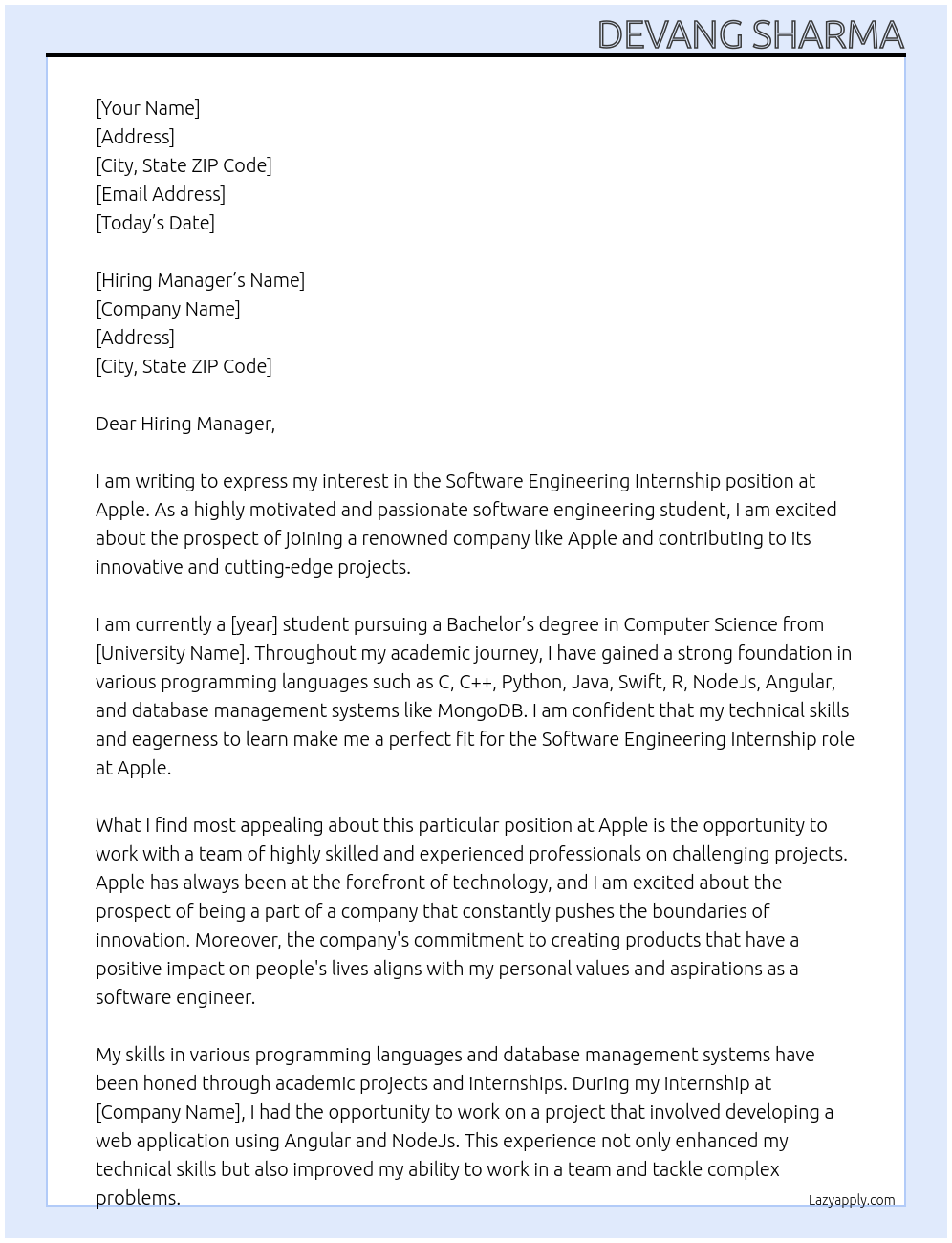 Software Engineering Internship At Apple Cover Letter
