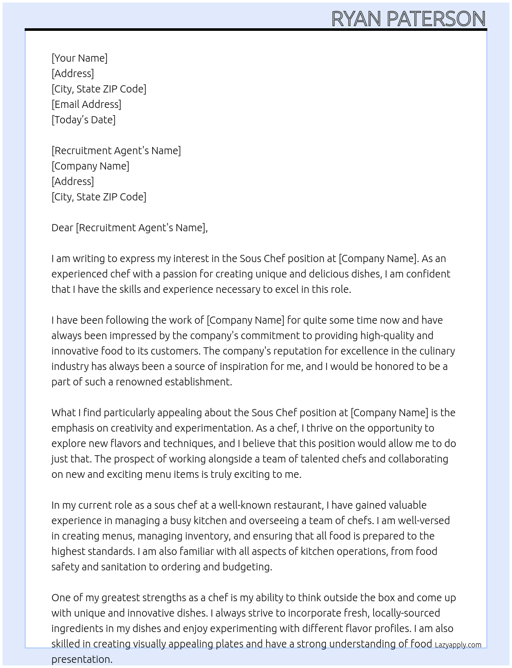 Sous Chef At private Cover Letter