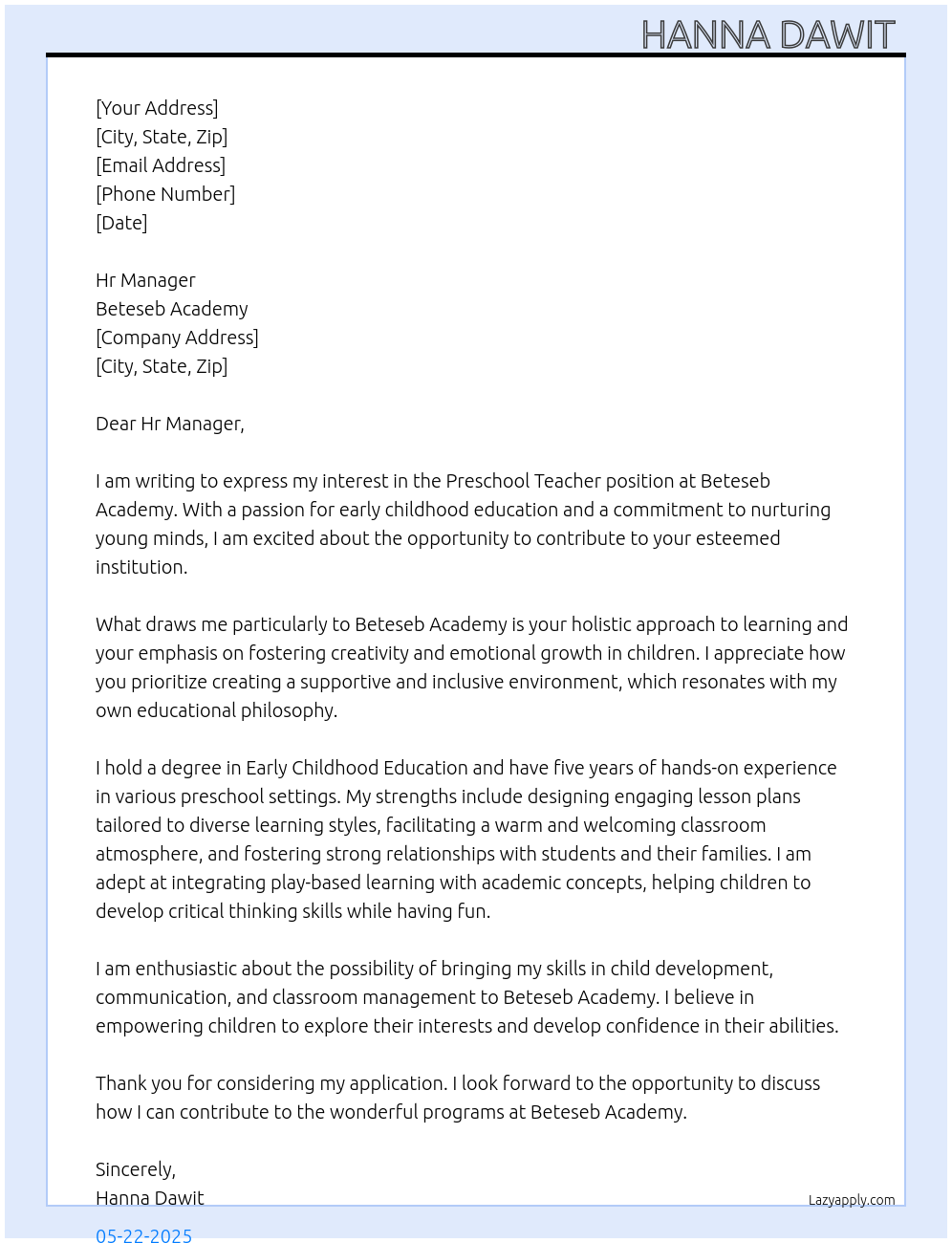 Cover letter for preschool teacher - LazyApply
