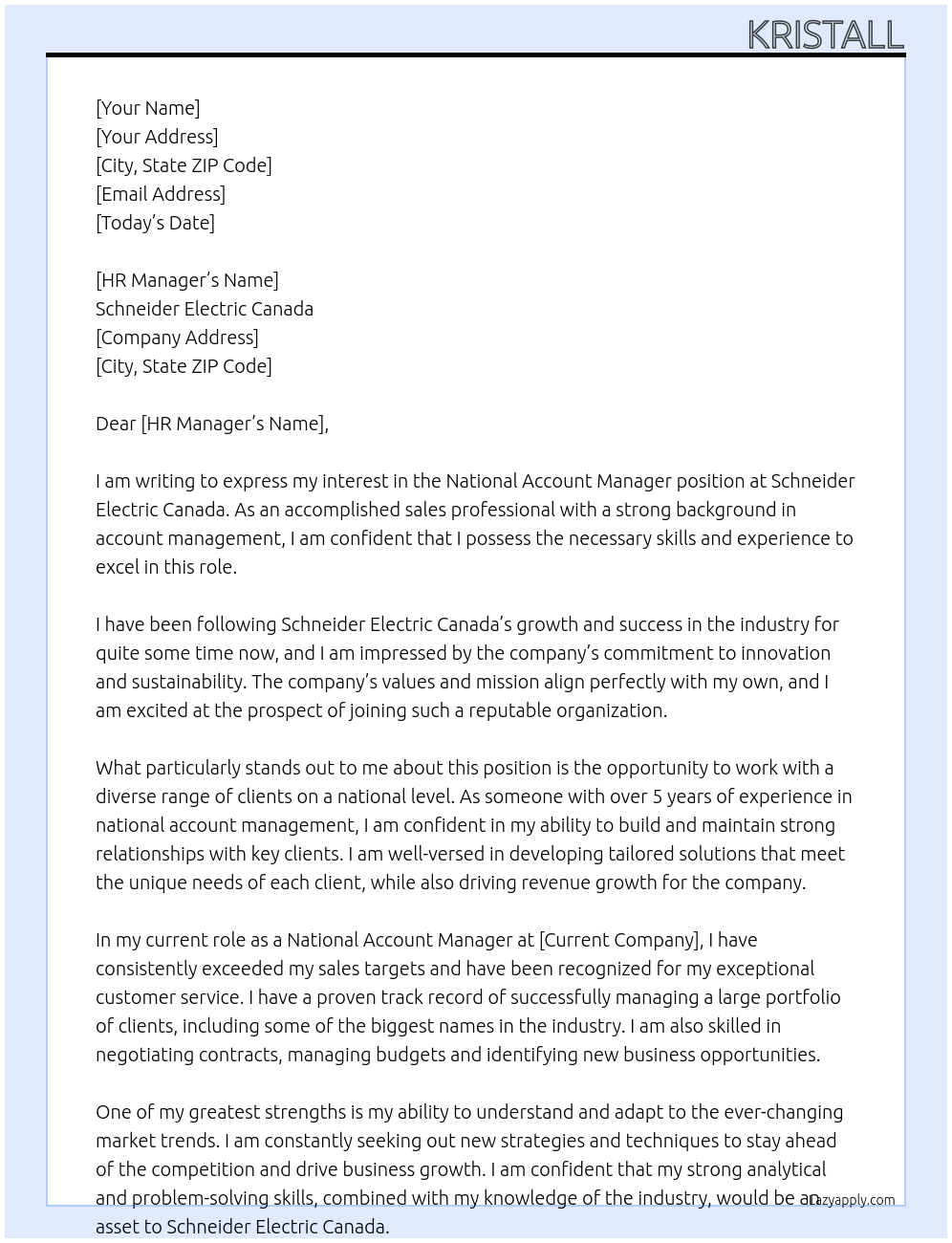 National Account Manager At Schneider Electric Canada Cover Letter