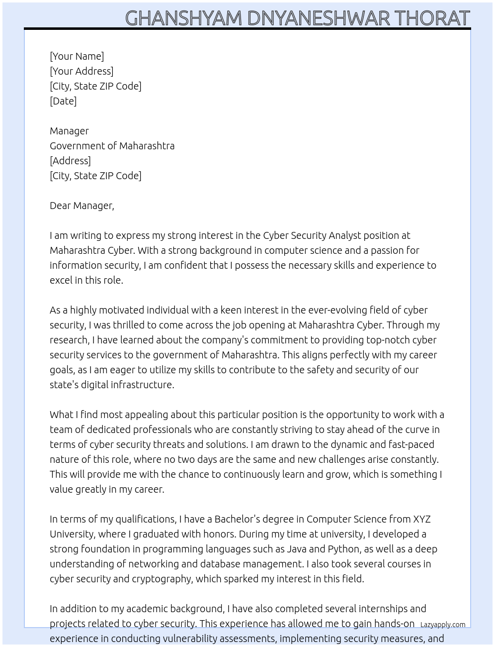 Cyber security Analyst At Maharashtra Cyber Cover Letter