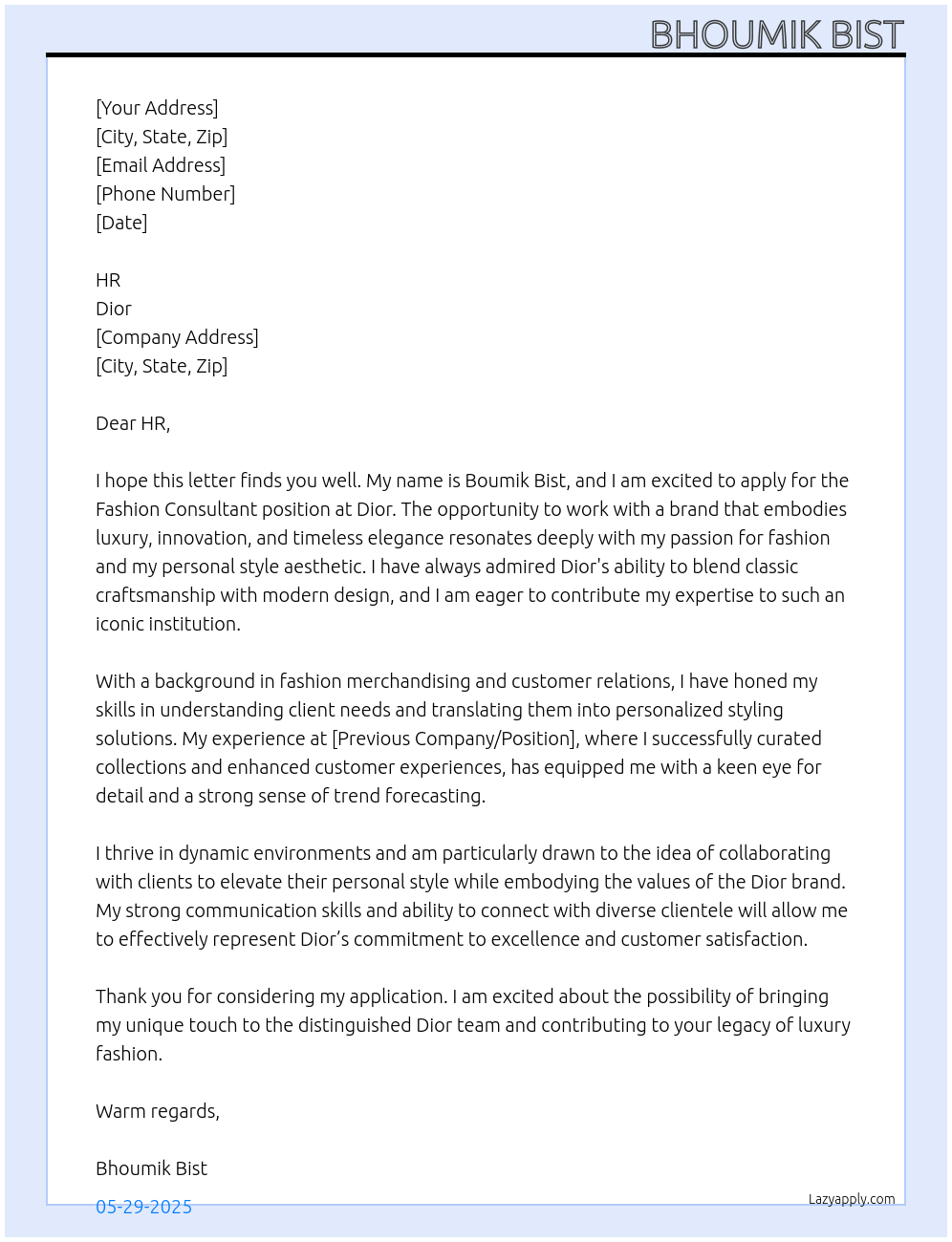 FASHION CONSULTANT At DIOR Cover Letter