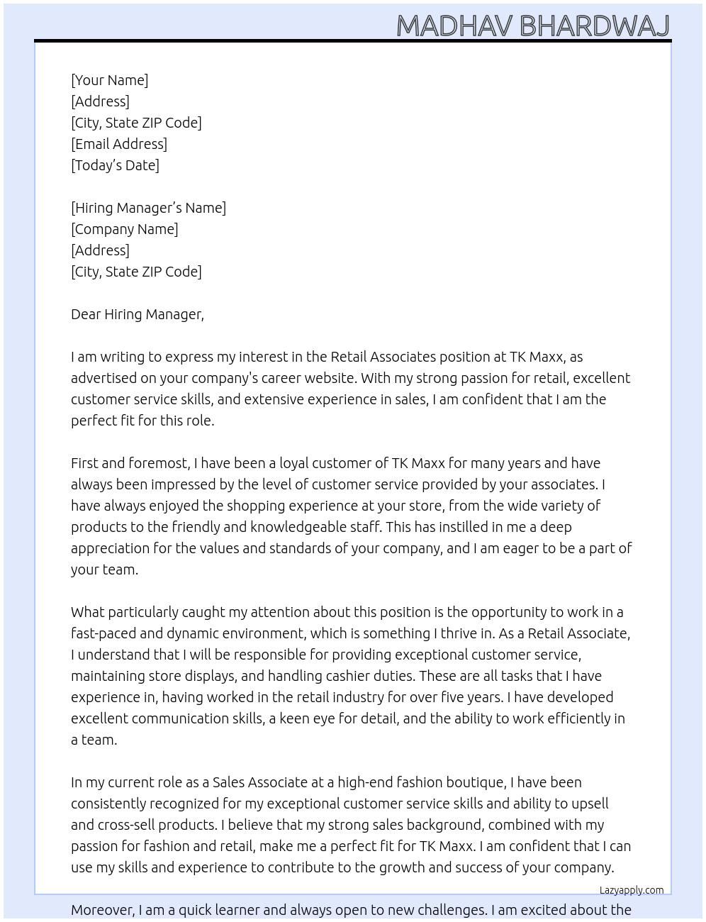 Retail Associates At TK Maxx Cover Letter