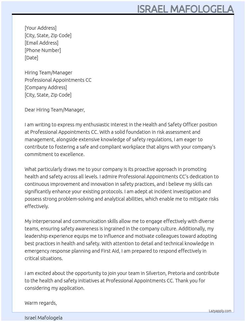 Health and Safety Officer,  At Professional Appointments CC Cover Letter