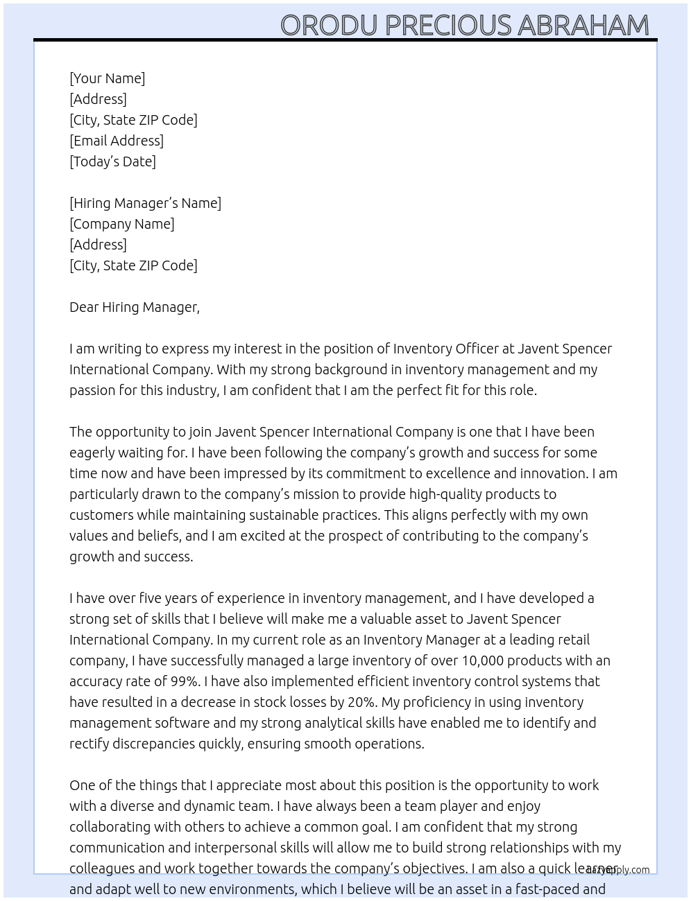 Inventory Officer At Javent Spencer international company Cover Letter