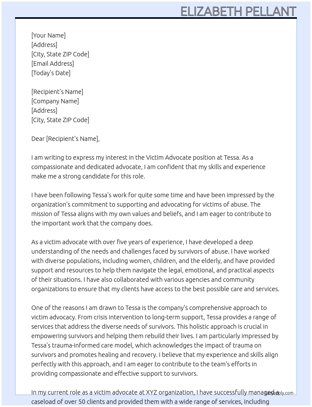 victim advocate At Tessa Cover Letter