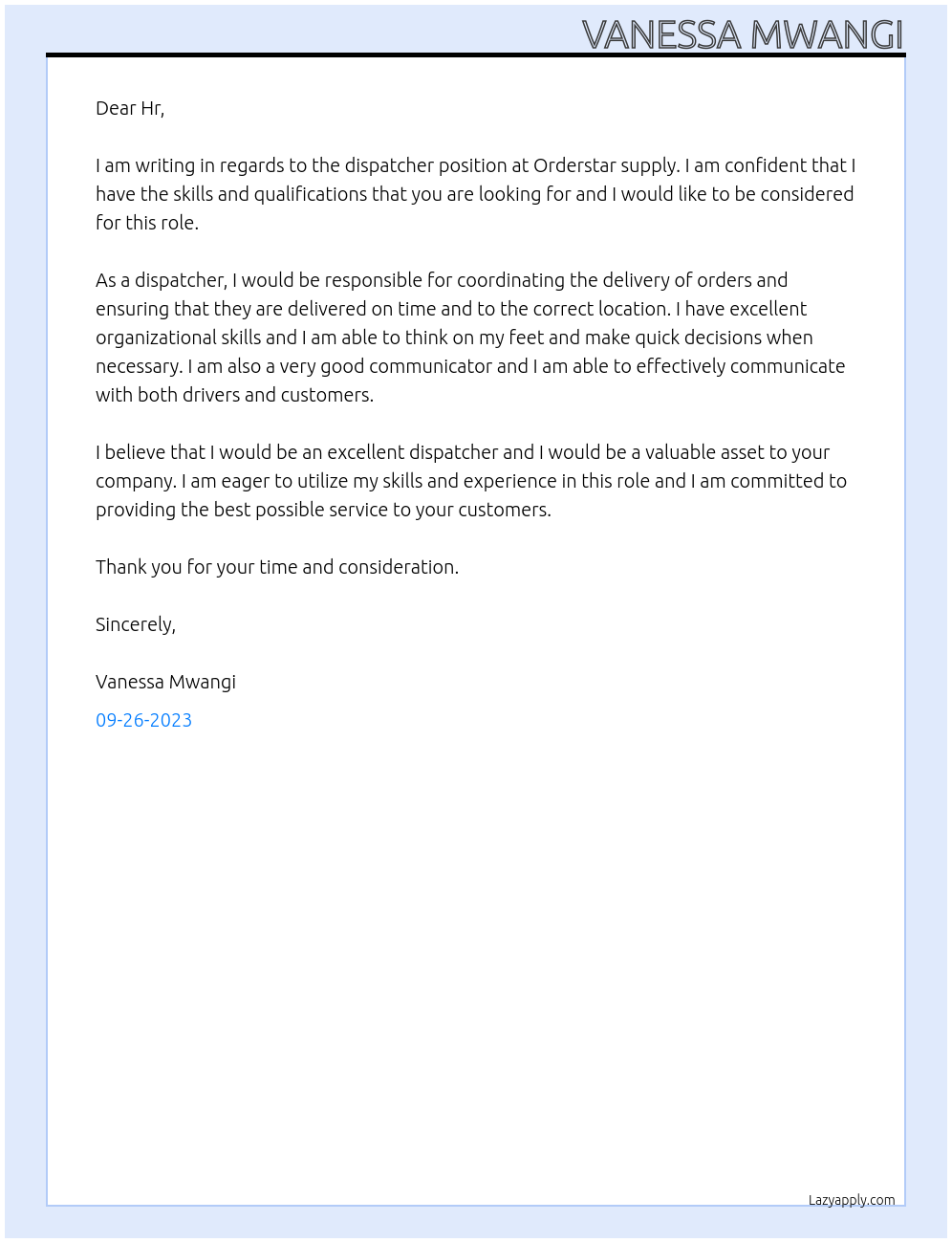 Dispatcher At Orderstar supply Cover Letter