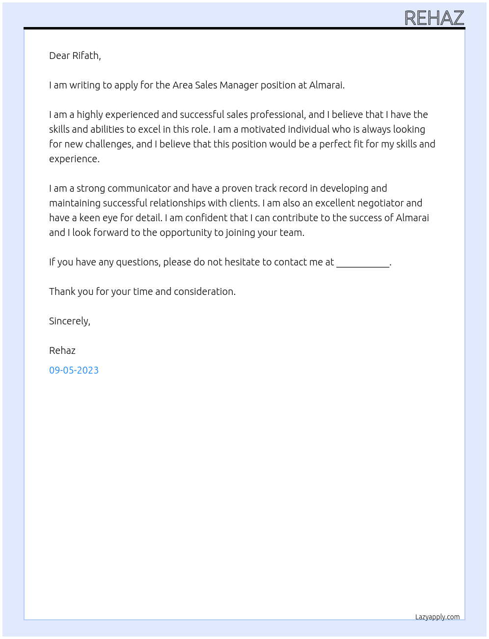 Area sales manager At Almarai Cover Letter