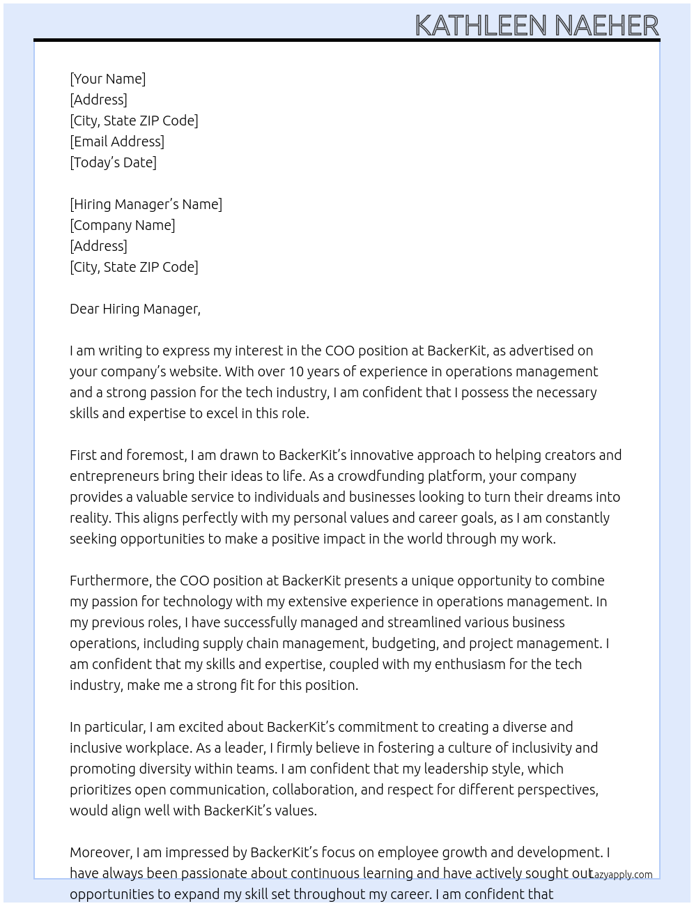 COO At BackerKit Cover Letter