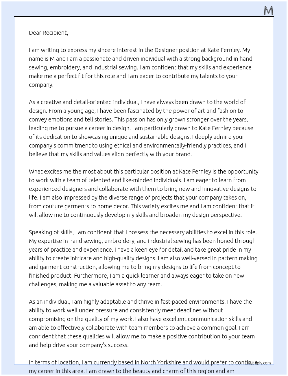 designer At Kate Fernley Cover Letter