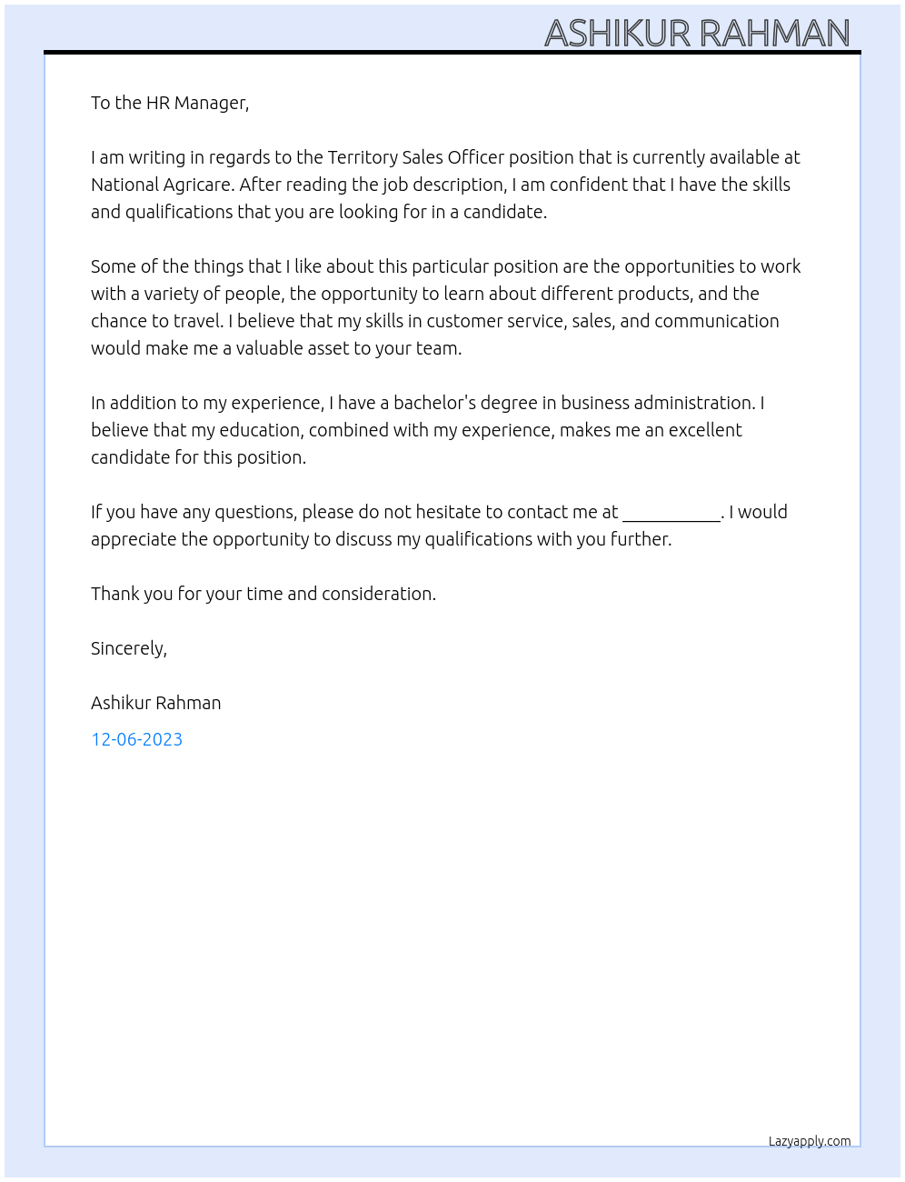 Territory sales officer At National Agricare Cover Letter