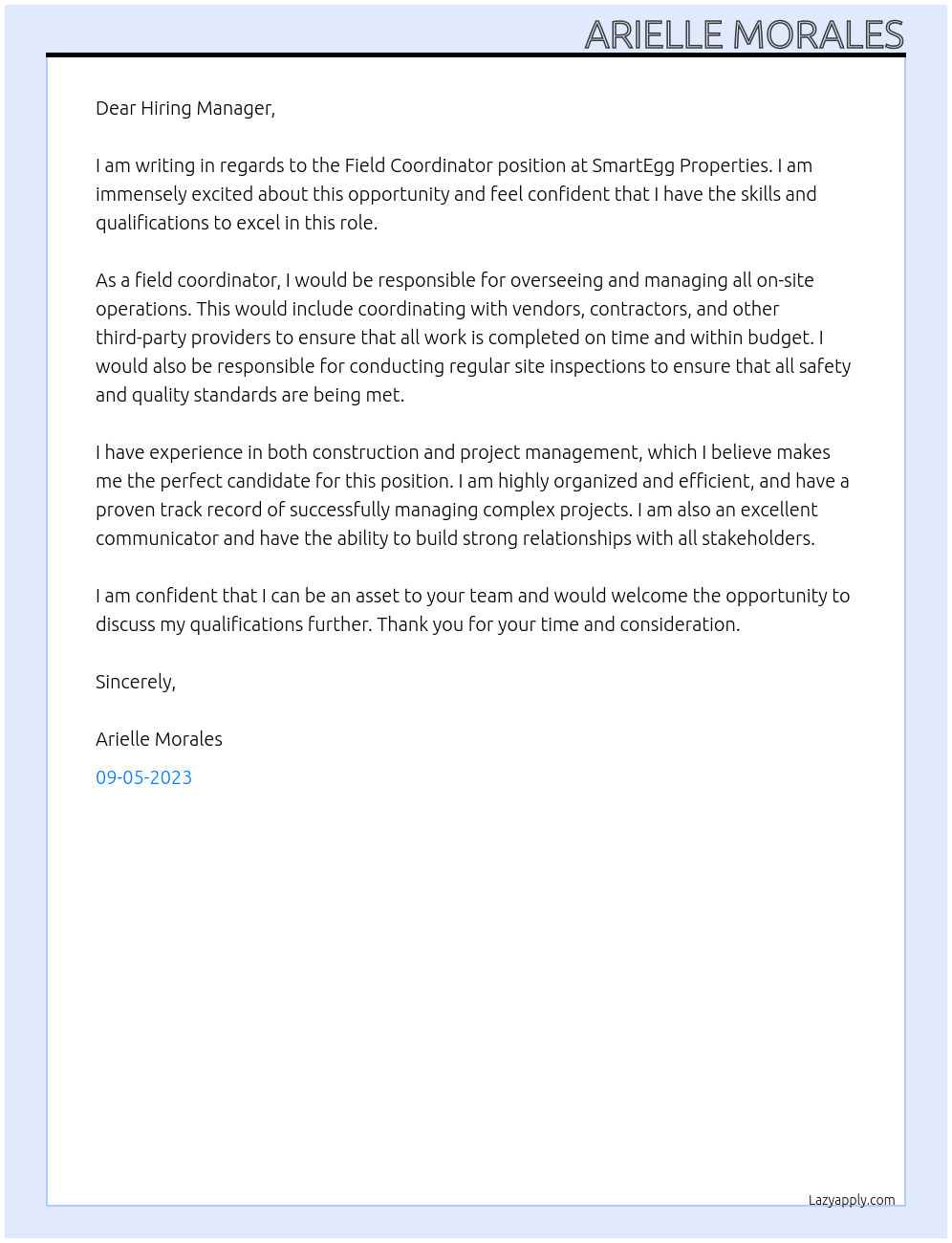Field Coordinator At SmartEgg Properties Cover Letter