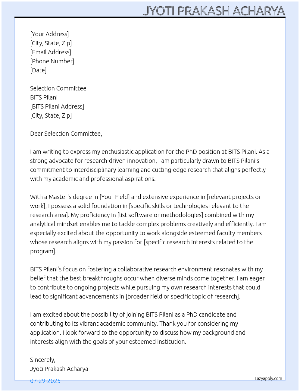 Phd At BITS Pilani Cover Letter