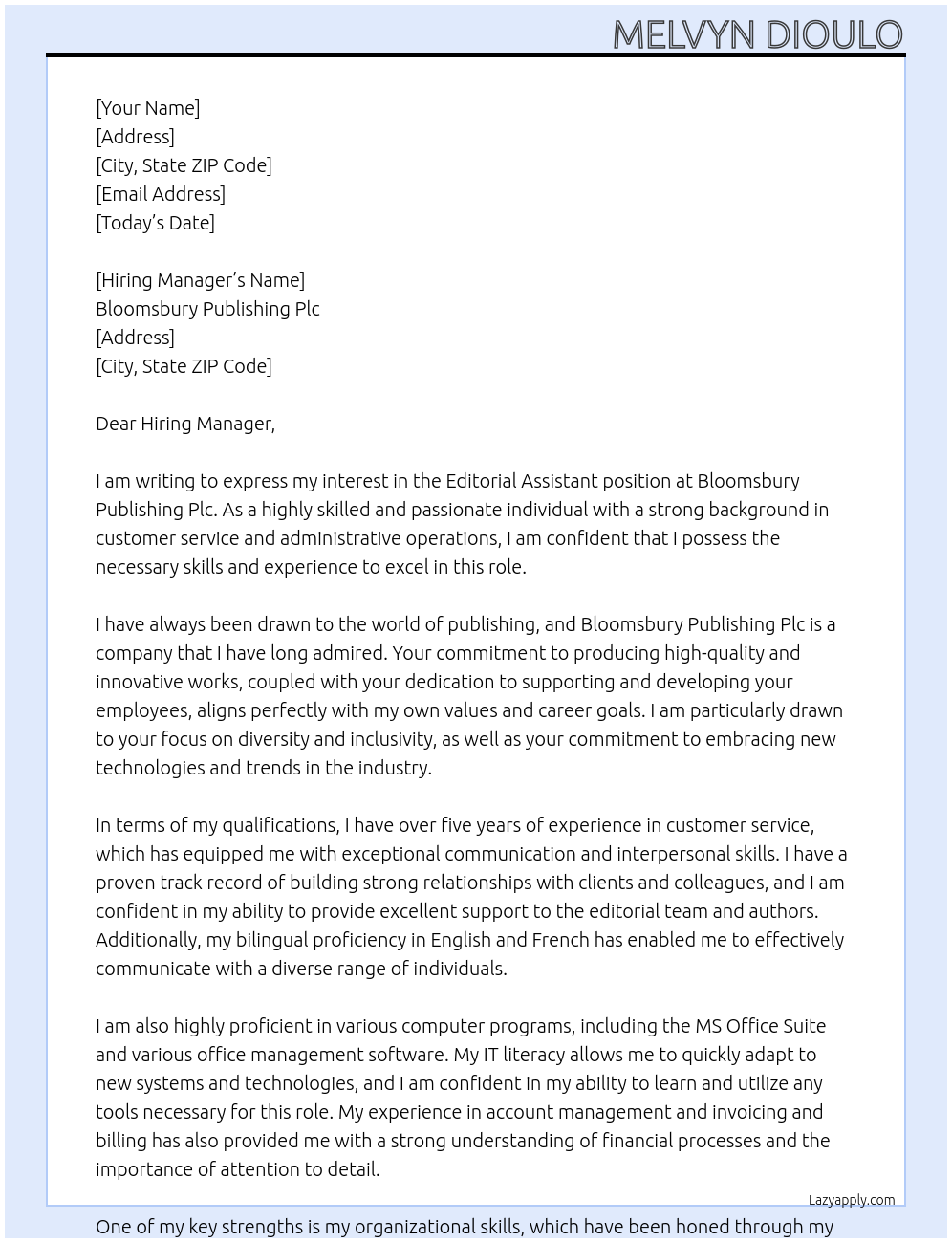 Editorial Assistant At Bloomsbury Publishing Plc Cover Letter