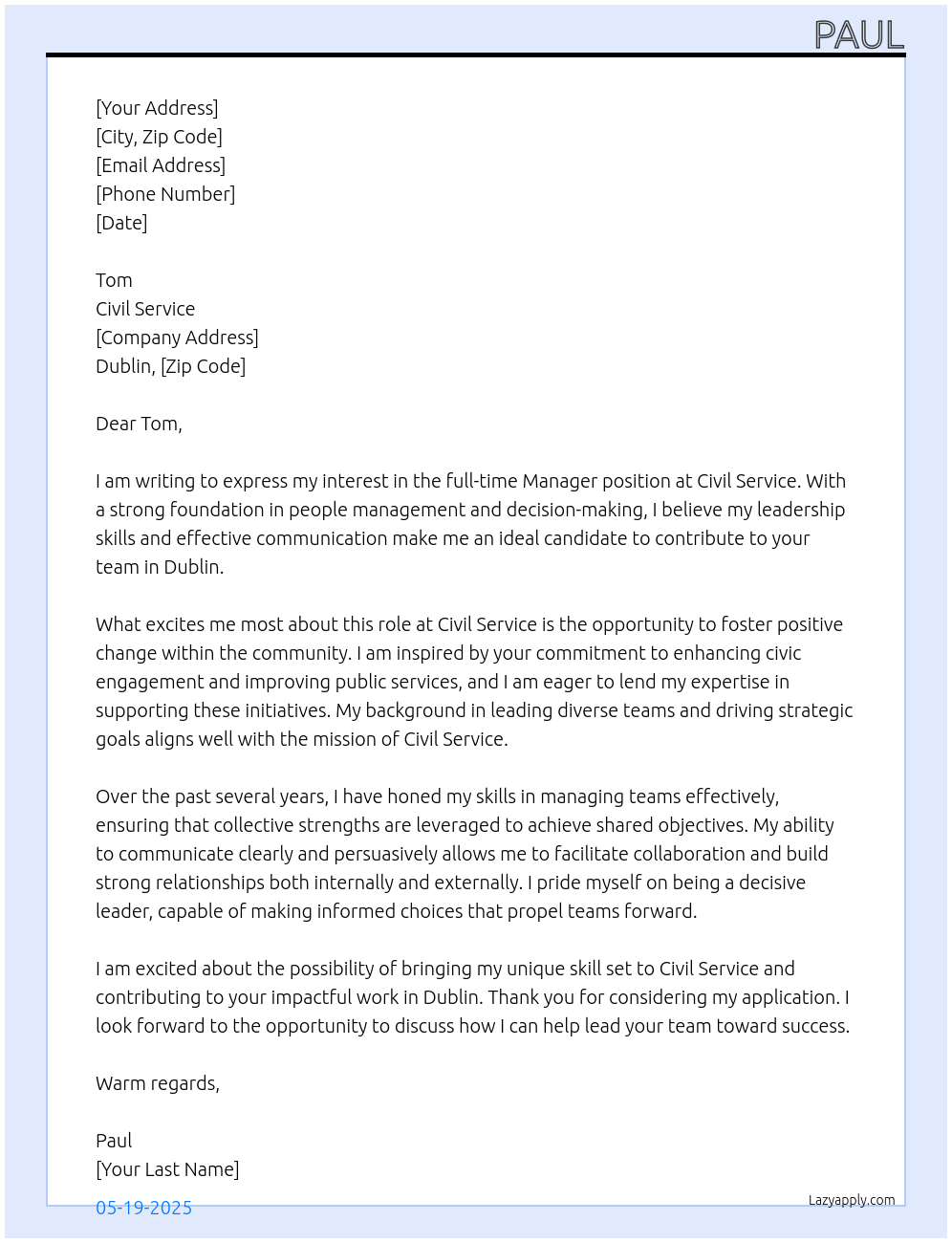 Manager  At Civil service  Cover Letter