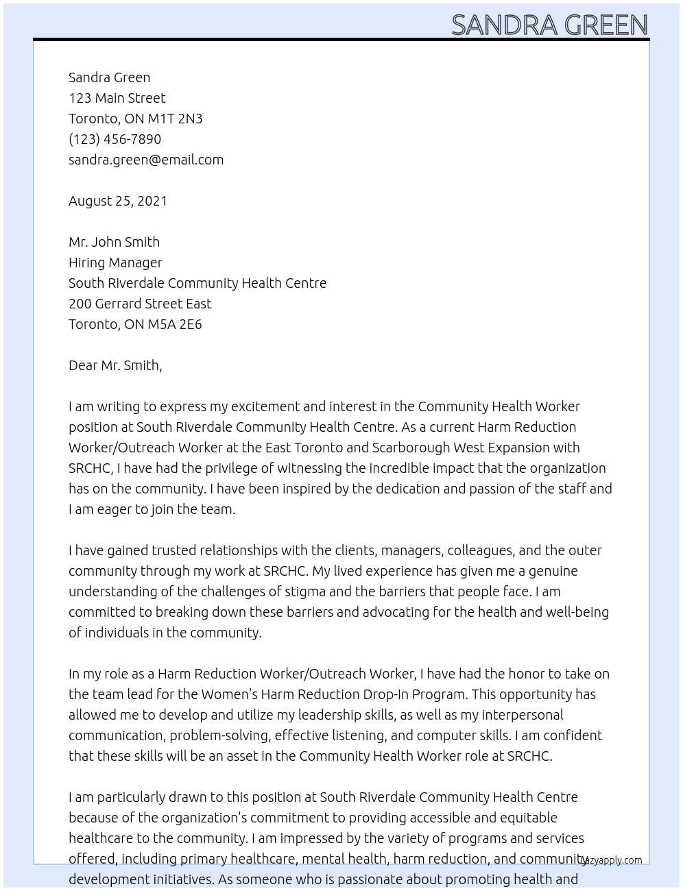 Community health worker At South Riverdale community health centre Cover Letter