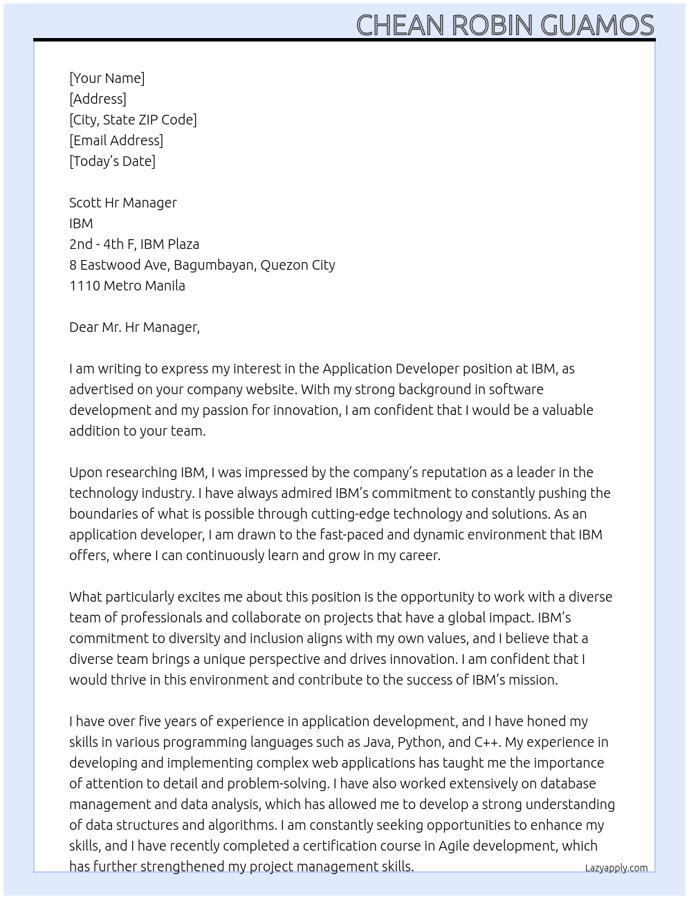 Application Developer At IBM Cover Letter