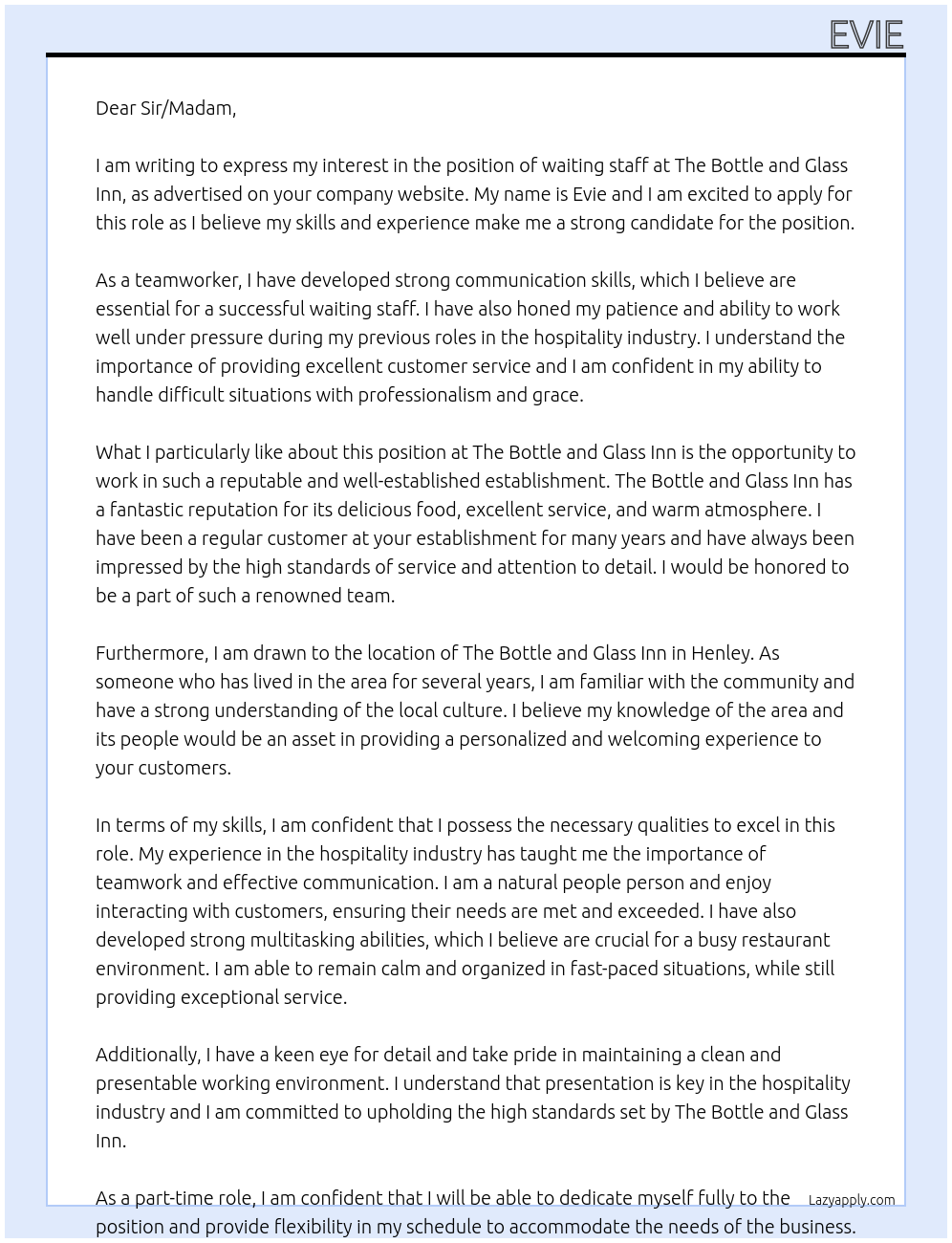 waiting staff At the bottle and glass inn Cover Letter