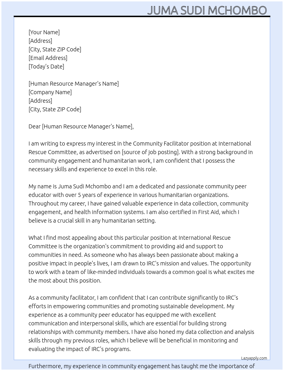 Community facilitator At International Rescue Committee  Cover Letter