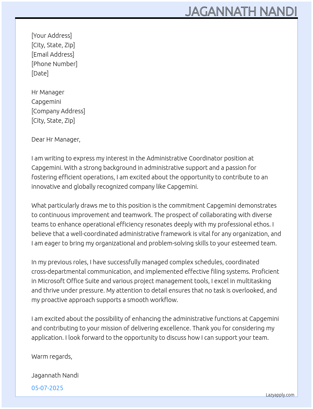 Administrative Coordinator At Capgemini Cover Letter