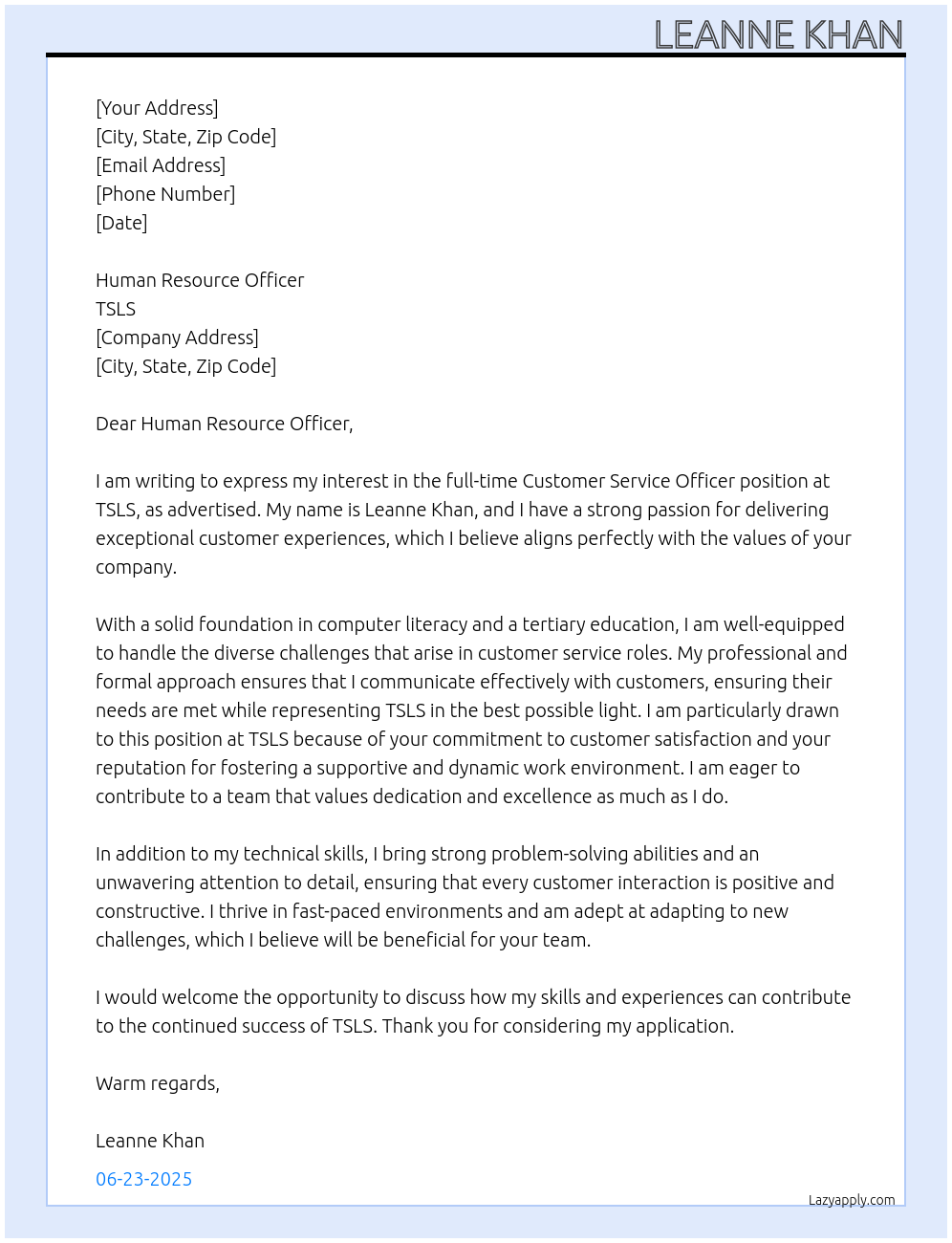 Customer service officer  At TSLS Cover Letter