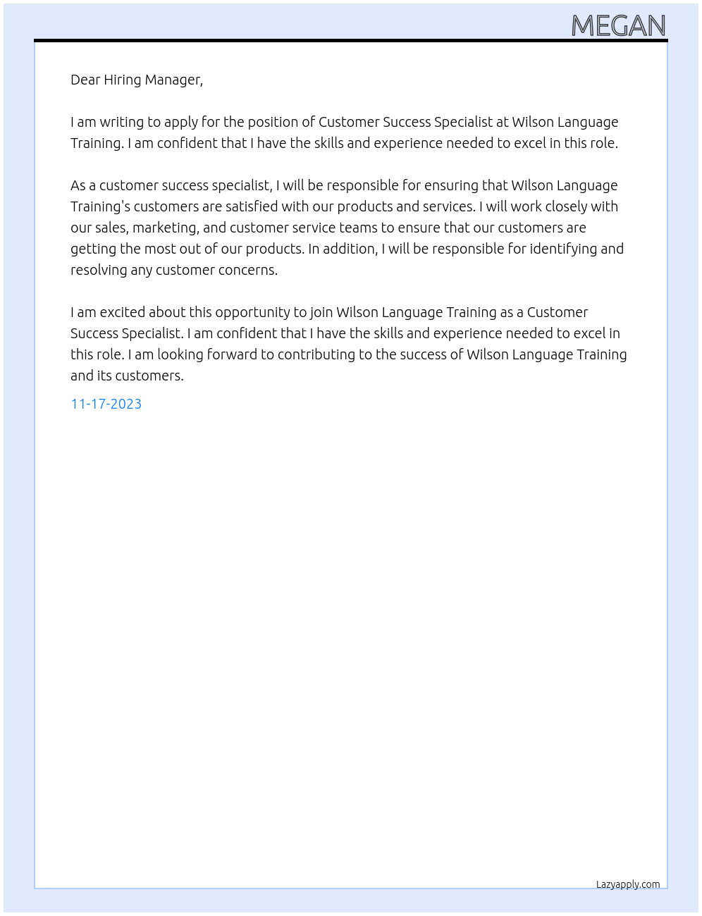 Customer Success Specialist At Wilson Language Training Cover Letter