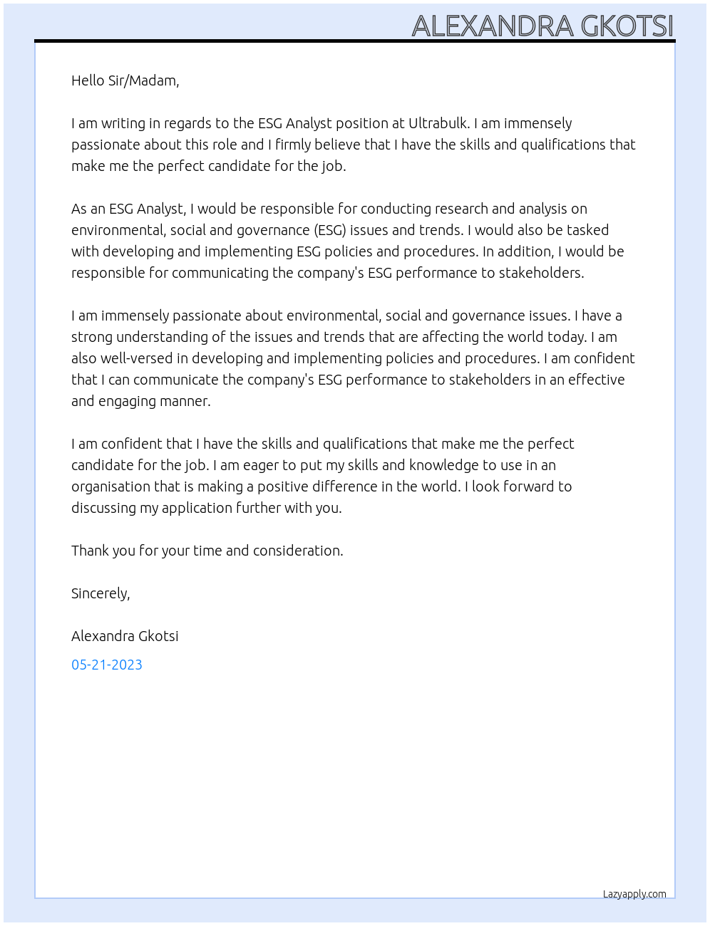ESG Analyst At Ultrabulk Cover Letter