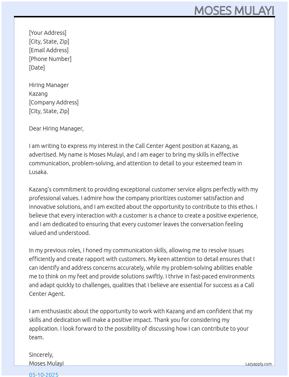 Call Center Agent At Kazang Cover Letter