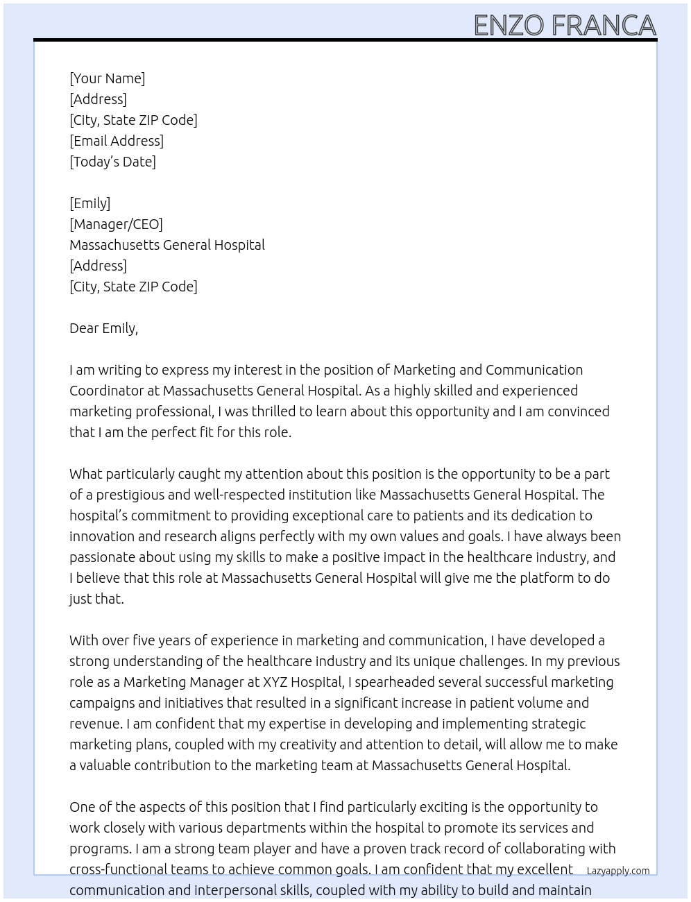 Marketing and Communication Coordinator At Massachusetts General Hospital Cover Letter