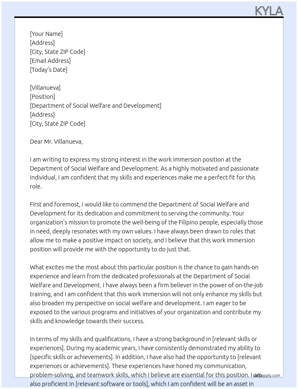 work immersion At Department of Social WelfDepartment of Social Welfare and Developmentare and Development Cover Letter