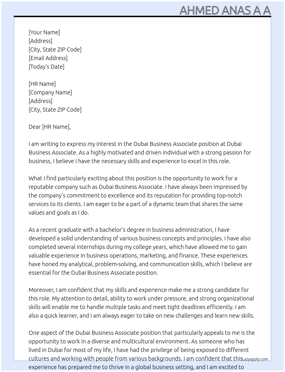 Dubai Business Associate At Dubai Business Associate Cover Letter