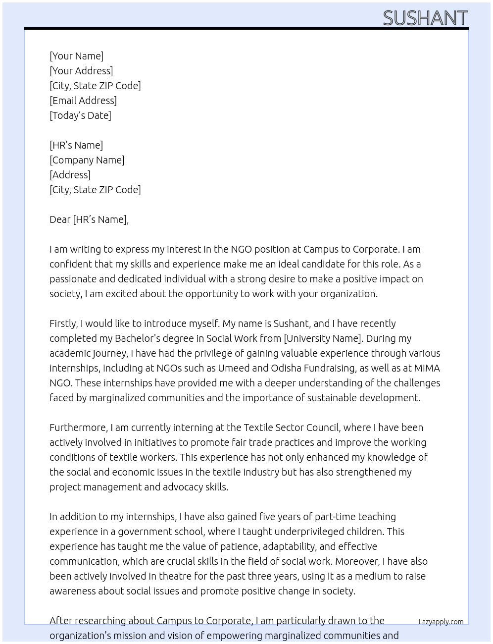 NGO  At campus to corporate Cover Letter