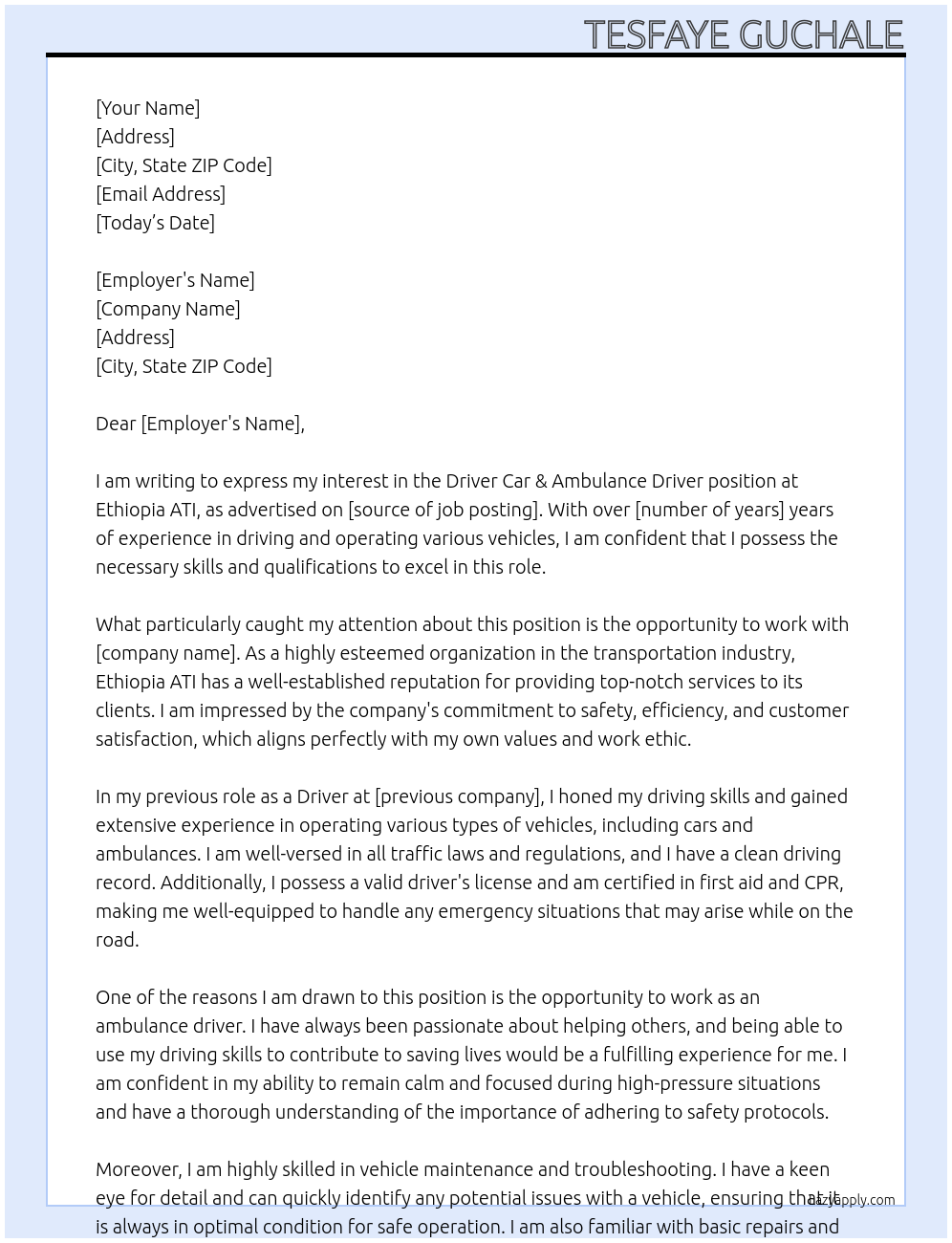 Driver Car & Ambulance Driver At Ethiopia ATI Cover Letter