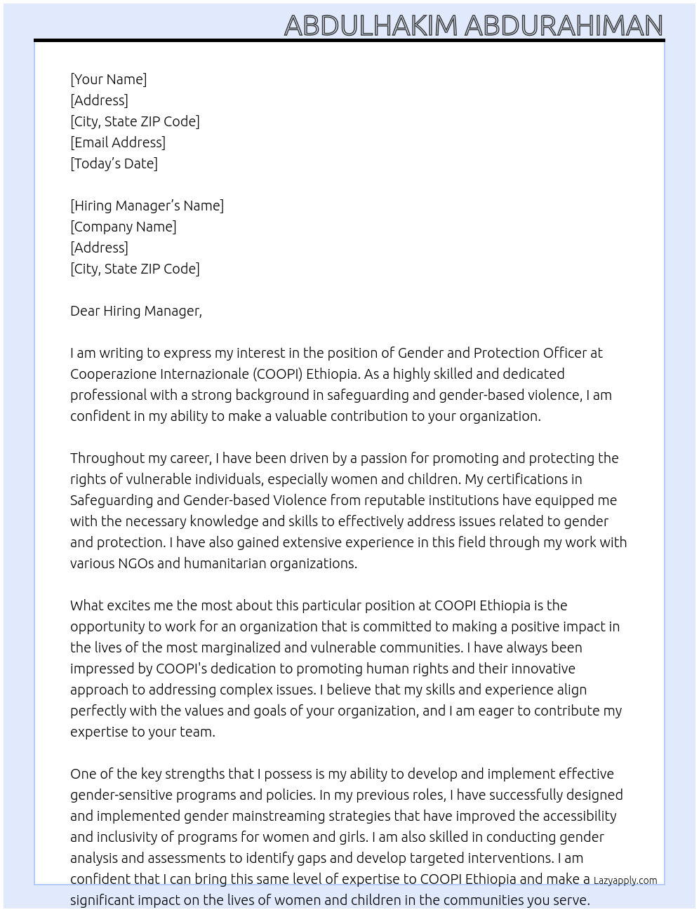 Gender and protection Officer At Cooperazione Internazionale (COOPI) Ethiopia Cover Letter