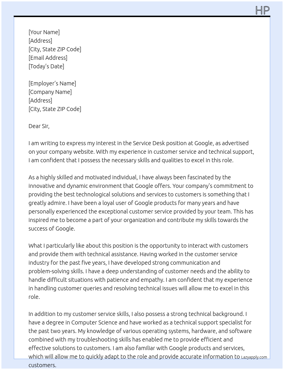 Service Desk At Google Cover Letter