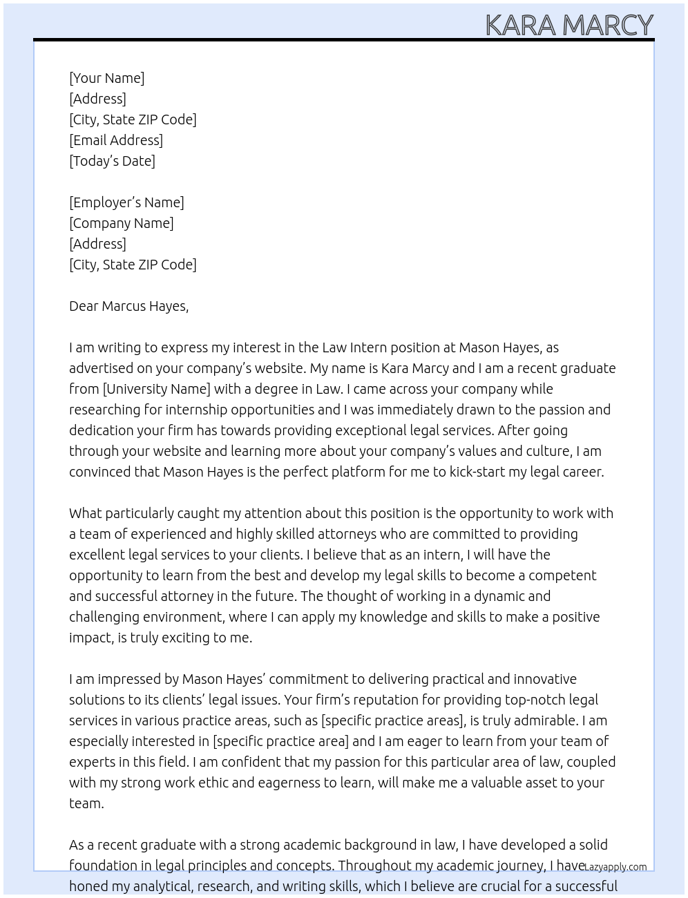 Law Intern At Mason Hayes Cover Letter