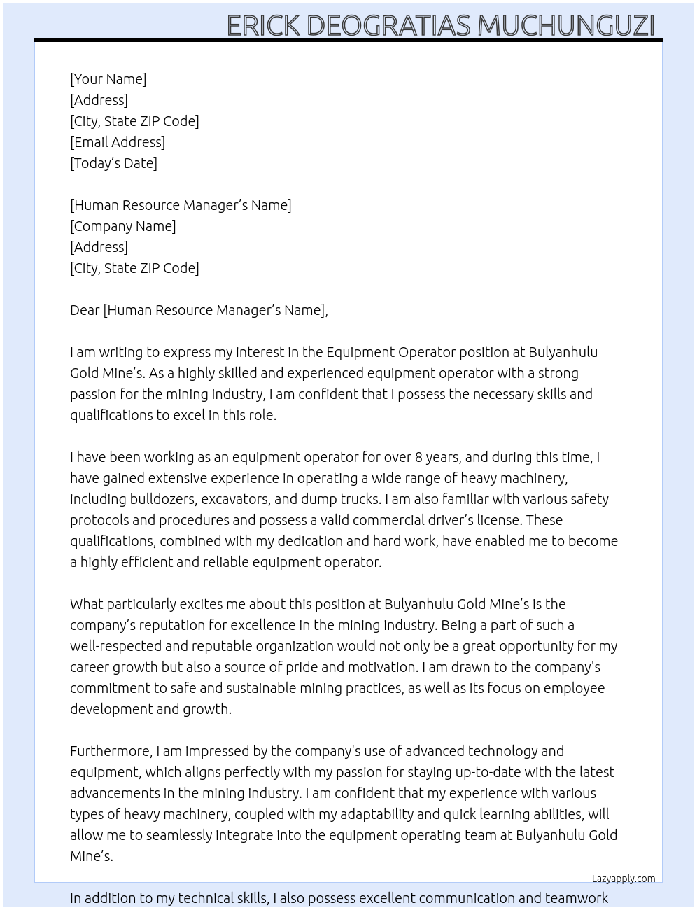 Equipment Operator At Bulyanhulu Gold Mine’s Cover Letter