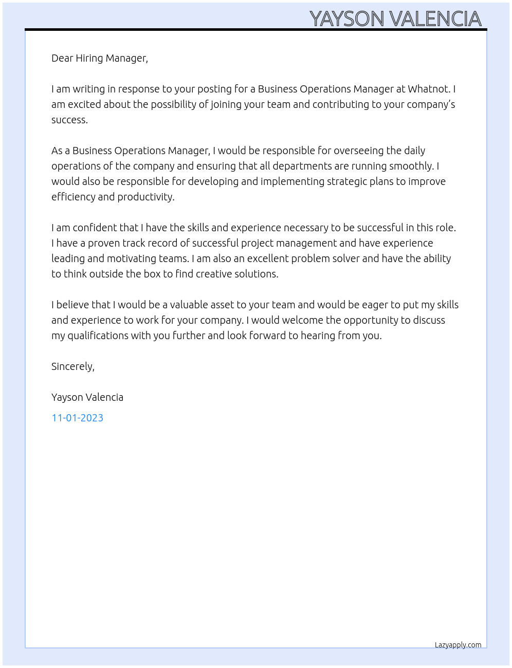 Business Operations Manager At Whatnot  Cover Letter